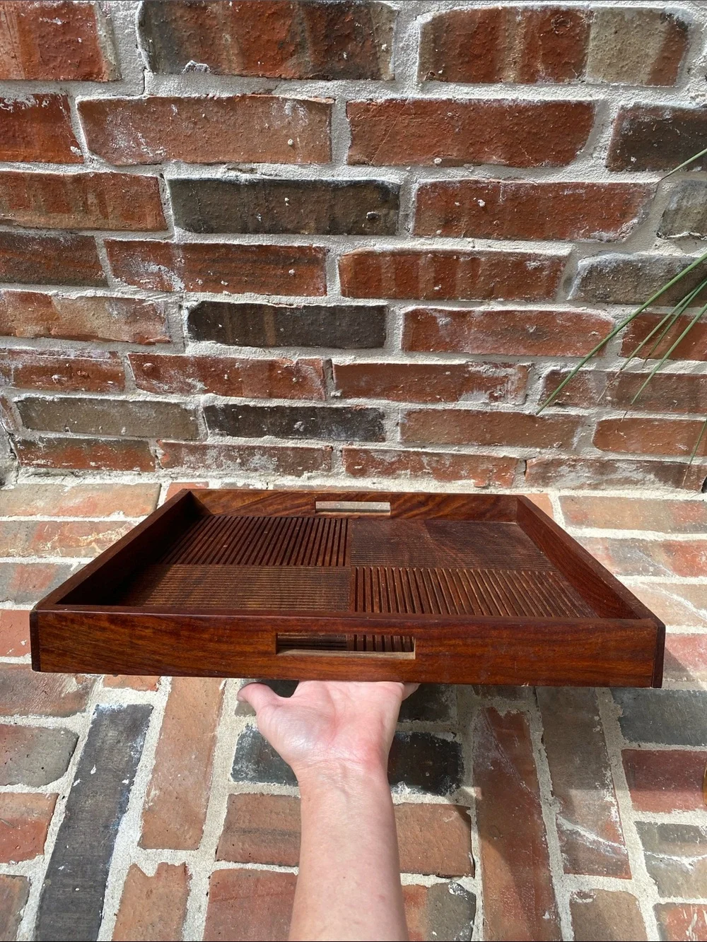 Vintage Crate&Barrel Shesham Wood Quadrant Tray in Brown 18x18